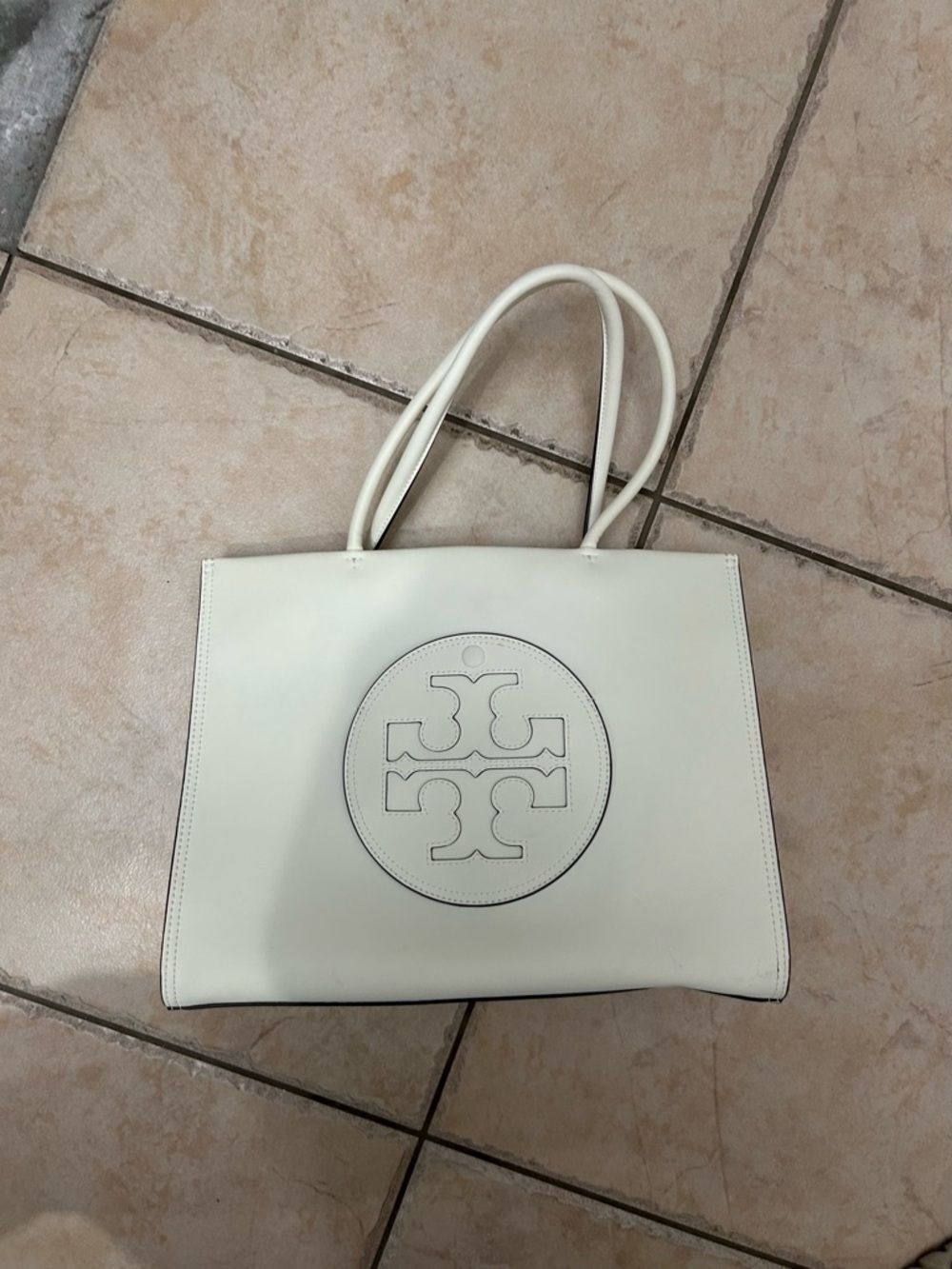 White/ivory/beige Tory Burch structured tote bag with crossbody strap